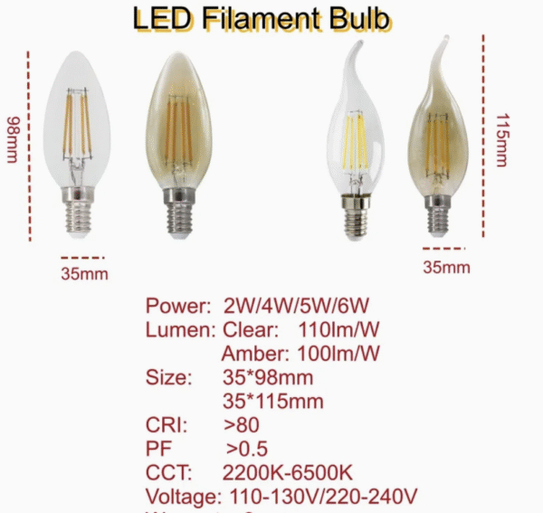 Edision Candle Lamp C35 E14 E27 2W 4W 5W 6W Transparent Amber Glass Vintage Decorative LED Filament Bulb