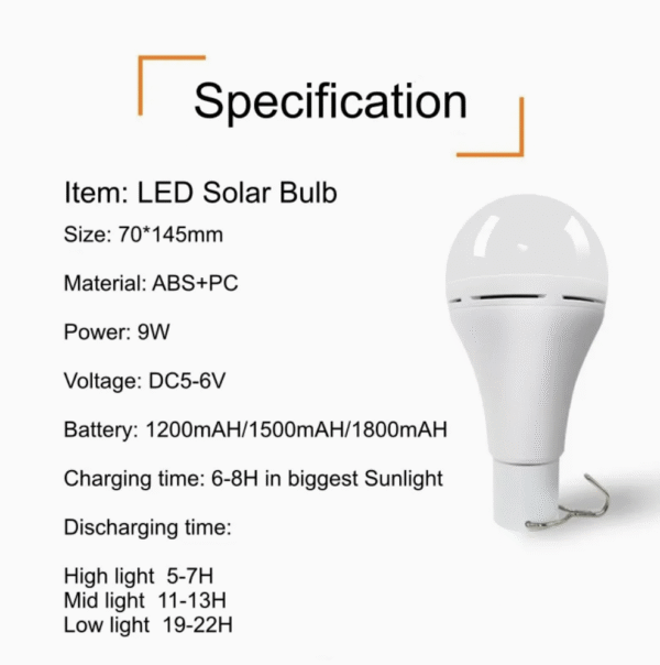 Remote Control Light Sensor LED Solar Bulb A70 9W 250lm with Lithium Battery Dimmable LED Camping Lamp