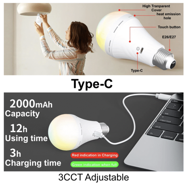Rechargeable A60 E26 E27 USB Bulb with Remote Controller for Indoor Lighting