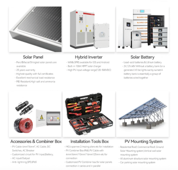 Solar Panel Power System 3kw 5kw 10kw 15kw 20kw 25kw Home Energy Storage Power on/off-Grid Hybrid System 5 Kilowatts Inverter and Lithium Battery