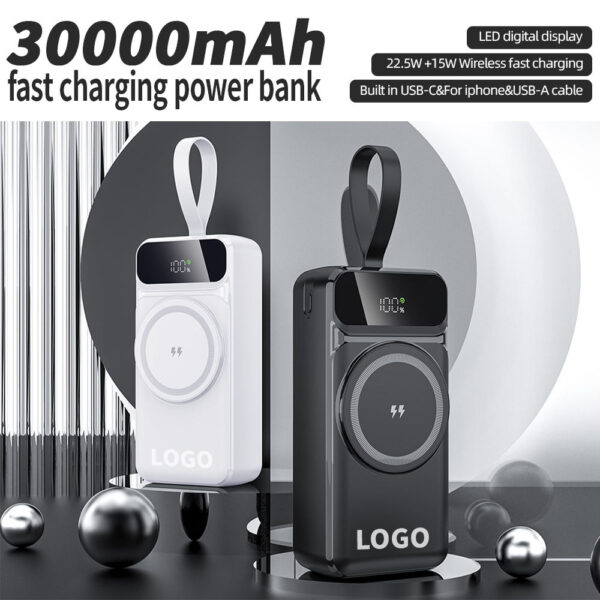 30000mAh Digital Display With Lanyard Power Bank 15W Wireless Charge PD 22.5W Fast Charging With 3 Cables Power Bank