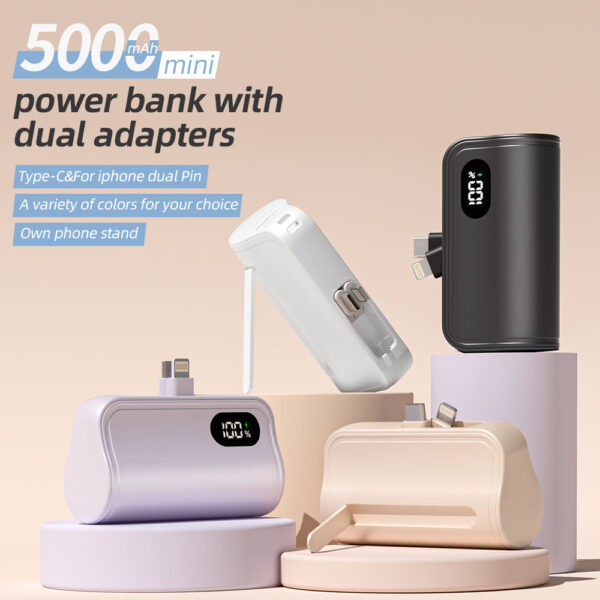 Custom Mini Tail Plug Digital Display Cell Phone Holder 3 in 1 Mobile Powerbank Dual Head Built-In Cable Mobile Power Bank