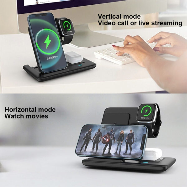 15W Fast Charging 3-in-1 Foldable Wireless Dock Stand Desktop Charging Station for Phone Use