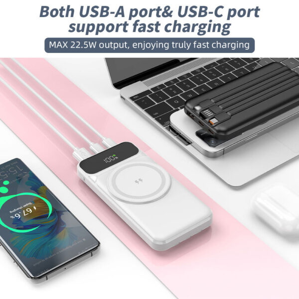 PD22.5W Fast Charging 10000mah Power Bank Built in 3 Cable Digital Display Magnetic Wireless 15W Charge Powerbank