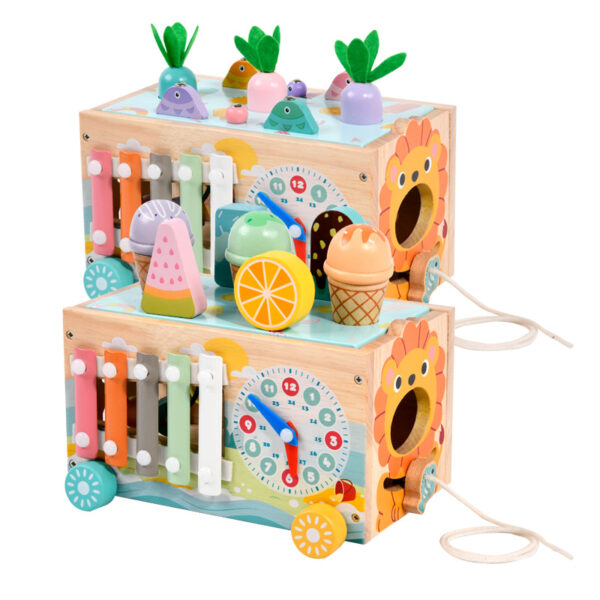 Toddlers Multifunctional Montessori Sensory Busy Box Ice-Cream Cart Early Educational Wooden Toy for 1-3 Years Old Children