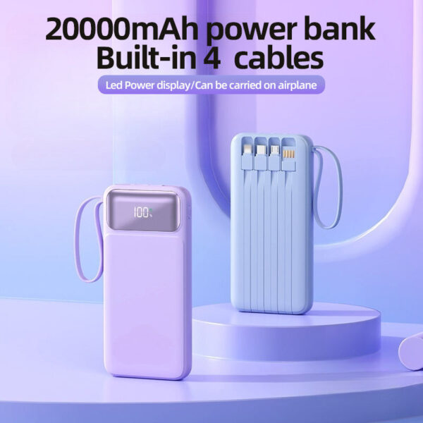 Custom Logo Digital Display Micro Type-C Input Two USB-A Output Powerbank 20000mah With 4 Cables Power Bank
