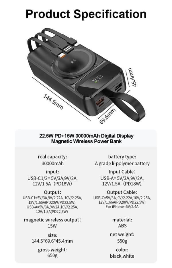 30000mAh Digital Display With Lanyard Power Bank 15W Wireless Charge PD 22.5W Fast Charging With 3 Cables Power Bank