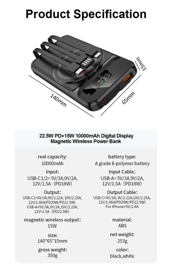 PD22.5W Fast Charging 10000mah Power Bank Built in 3 Cable Digital Display Magnetic Wireless 15W Charge Powerbank