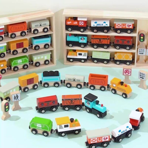 Montessori Wooden Train Toy Early Education Interactive Toy Wooden Train Sets for Toddlers Kids for Boys Girls 3 4 5 Years Old