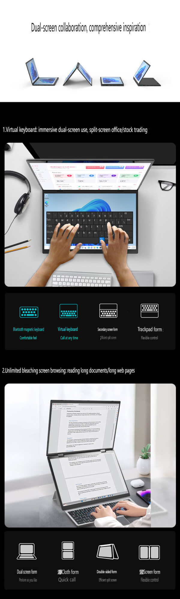 14 Inch Dual-screen Flip Notebook Full-size 360° Flip Dual IPS Screen Laptop Computer Thin and Portable