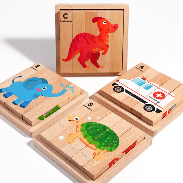 Montessori-inspired Wooden Block Puzzle Cartoon Toy Animal Chunky Puzzle Educational Learning Gifts for Preschool Toddler 4 in 1