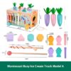 Toddlers Multifunctional Montessori Sensory Busy Box Ice-Cream Cart Early Educational Wooden Toy for 1-3 Years Old Children