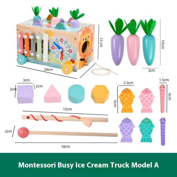 Toddlers Multifunctional Montessori Sensory Busy Box Ice-Cream Cart Early Educational Wooden Toy for 1-3 Years Old Children