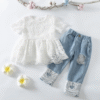 OEM Infant Girls Outfits Lace Short Sleeve Toddler Romper Tops Denim Shorts