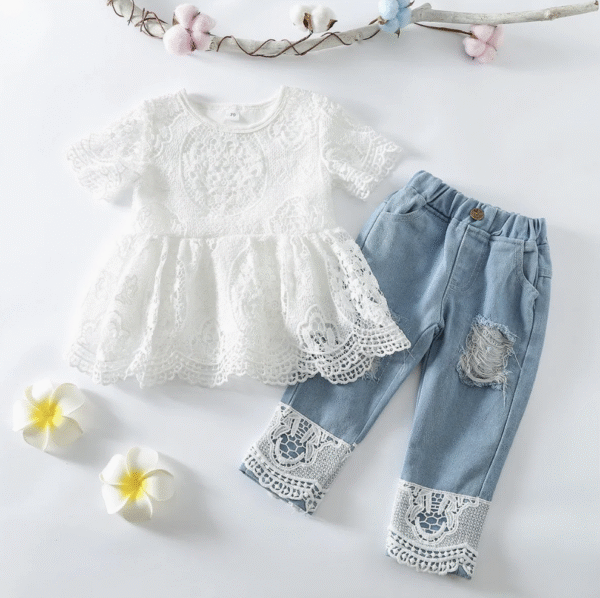 OEM Infant Girls Outfits Lace Short Sleeve Toddler Romper Tops Denim Shorts