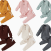 Blank Long Sleeve Button Baby Diaper Rompers and Drawstring Harem Pants Matching Hats Rib Cotton Baby Romper Sets