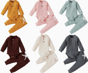 Blank Long Sleeve Button Baby Diaper Rompers and Drawstring Harem Pants Matching Hats Rib Cotton Baby Romper Sets