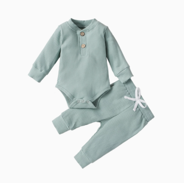 Blank Long Sleeve Button Baby Diaper Rompers and Drawstring Harem Pants Matching Hats Rib Cotton Baby Romper Sets