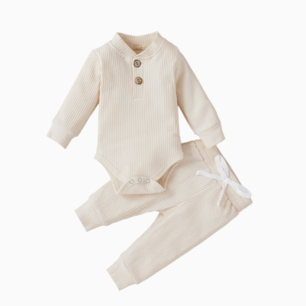 Blank Long Sleeve Button Baby Diaper Rompers and Drawstring Harem Pants Matching Hats Rib Cotton Baby Romper Sets