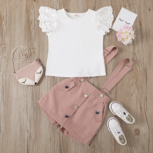 Kids Clothing Summer Wholesale Baby Girl Butterfly Sleeve Tee and Overall Shorts Kids Clothing Sets for Girls Children