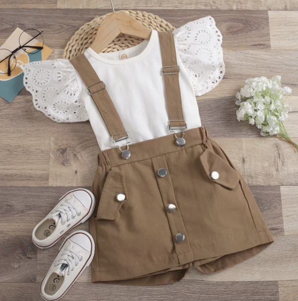 Kids Clothing Summer Wholesale Baby Girl Butterfly Sleeve Tee and Overall Shorts Kids Clothing Sets for Girls Children