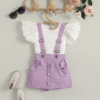 Kids Clothing Summer Wholesale Baby Girl Butterfly Sleeve Tee and Overall Shorts Kids Clothing Sets for Girls Children