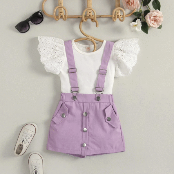 Kids Clothing Summer Wholesale Baby Girl Butterfly Sleeve Tee and Overall Shorts Kids Clothing Sets for Girls Children