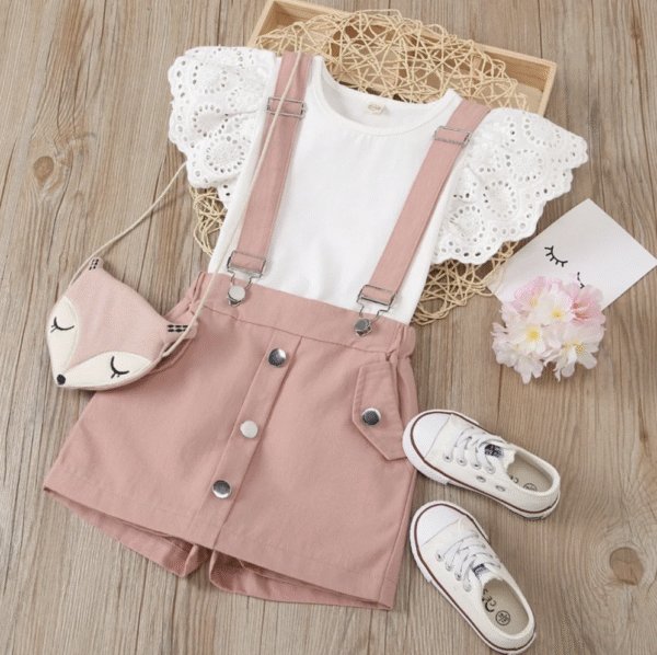 Kids Clothing Summer Wholesale Baby Girl Butterfly Sleeve Tee and Overall Shorts Kids Clothing Sets for Girls Children