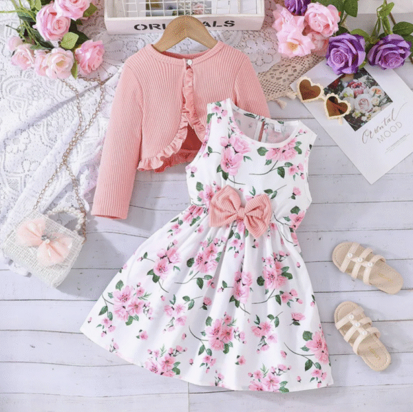 Spring Autumn Kids Girl Sets Clothes Long Sleeve Ruffle Coat Sleeveless Butterfly Dress 2PCS Children Clothing