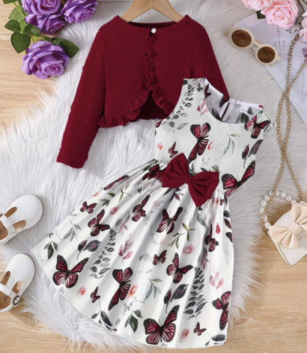 Spring Autumn Kids Girl Sets Clothes Long Sleeve Ruffle Coat Sleeveless Butterfly Dress 2PCS Children Clothing