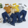 Summer Trendy Girls Two-Piece Outfit Yellow Cotton Worest Top Flared Denim Pants 0-3 Years Old