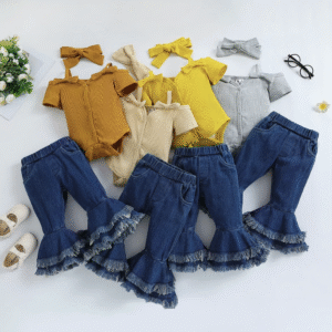 Summer Trendy Girls Two-Piece Outfit Yellow Cotton Worest Top Flared Denim Pants 0-3 Years Old