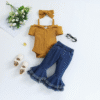 Summer Trendy Girls Two-Piece Outfit Yellow Cotton Worest Top Flared Denim Pants 0-3 Years Old