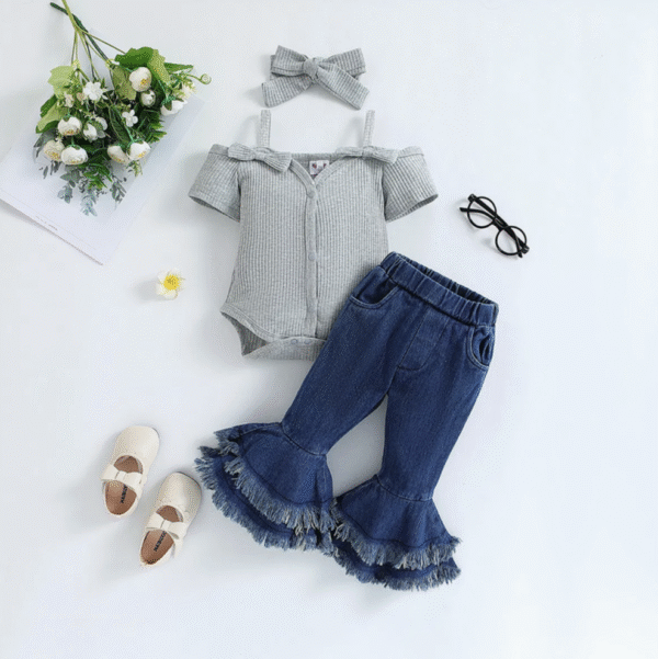 Summer Trendy Girls Two-Piece Outfit Yellow Cotton Worest Top Flared Denim Pants 0-3 Years Old