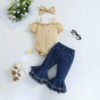 Summer Trendy Girls Two-Piece Outfit Yellow Cotton Worest Top Flared Denim Pants 0-3 Years Old