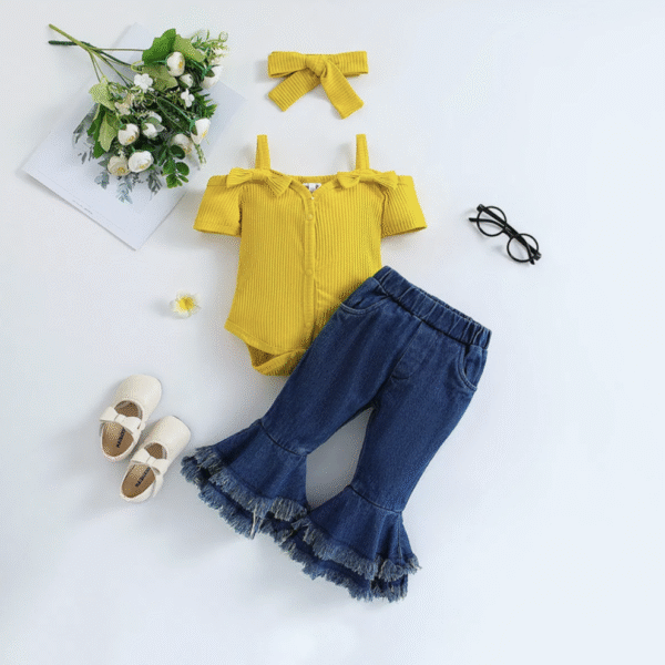 Summer Trendy Girls Two-Piece Outfit Yellow Cotton Worest Top Flared Denim Pants 0-3 Years Old