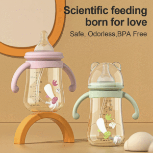 Animal Cartoon Wide Mouth Food Grade Plastic Baby Feeding Bottle with Handle PP Baby Feeder Soft Nipple