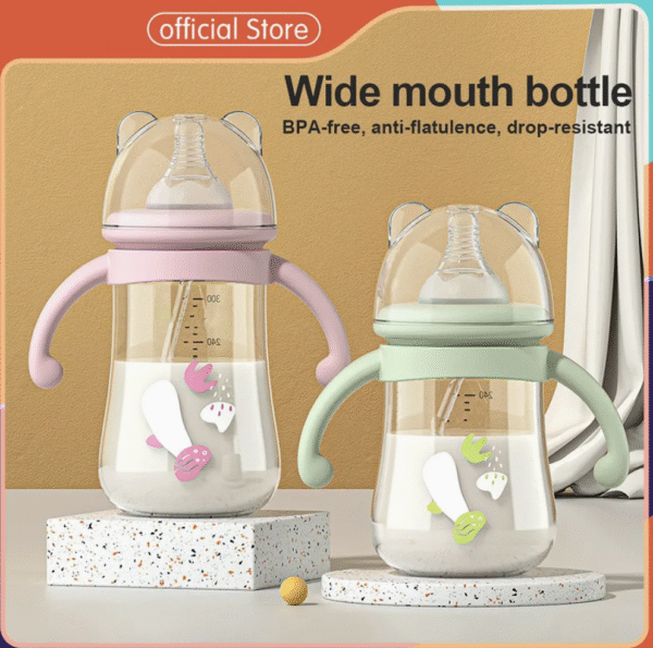 Animal Cartoon Wide Mouth Food Grade Plastic Baby Feeding Bottle with Handle PP Baby Feeder Soft Nipple