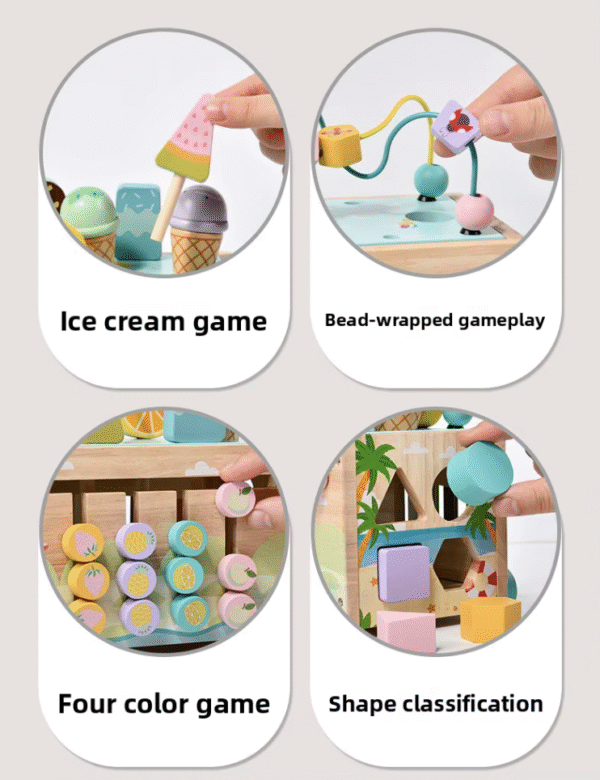 Toddlers Multifunctional Montessori Sensory Busy Box Ice-Cream Cart Early Educational Wooden Toy for 1-3 Years Old Children