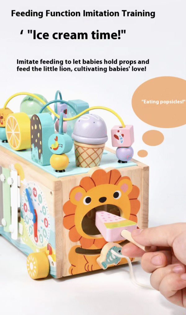 Toddlers Multifunctional Montessori Sensory Busy Box Ice-Cream Cart Early Educational Wooden Toy for 1-3 Years Old Children