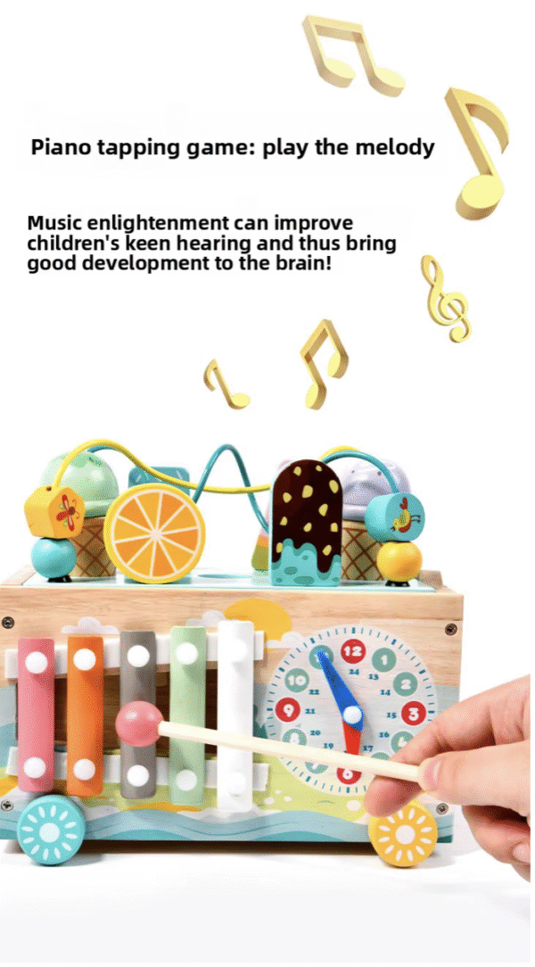 Toddlers Multifunctional Montessori Sensory Busy Box Ice-Cream Cart Early Educational Wooden Toy for 1-3 Years Old Children