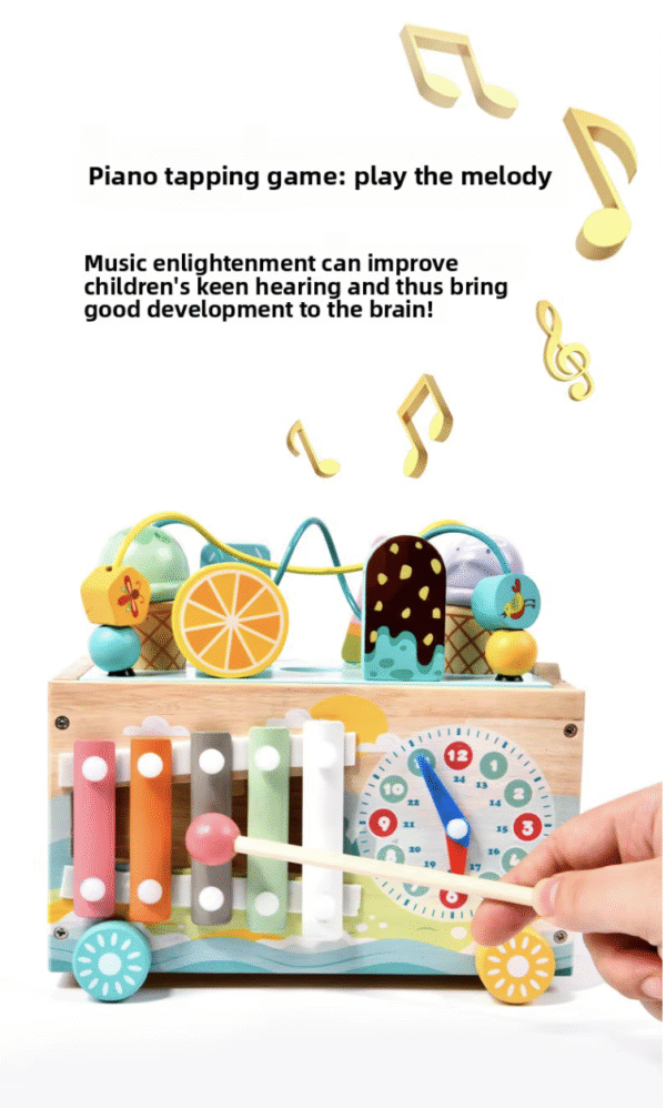 Toddlers Multifunctional Montessori Sensory Busy Box Ice-Cream Cart Early Educational Wooden Toy for 1-3 Years Old Children