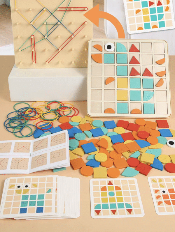 Montessori Toy 2 in 1 Rubber Band Nail Board Mosaic Puzzles Building Blocks Puzzle Game Wooden STEM Education Toy for Kids