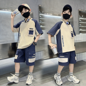 Boys' Summer New Short-sleeved Shorts Set 120-170 Dark Blue