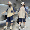 Boys' Summer New Short-sleeved Shorts Set 120-170 Dark Blue