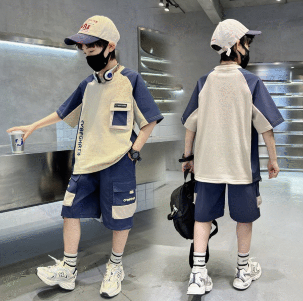 Boys' Summer New Short-sleeved Shorts Set 120-170 Dark Blue