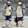 Boys' Summer New Short-sleeved Shorts Set 120-170 Dark Blue