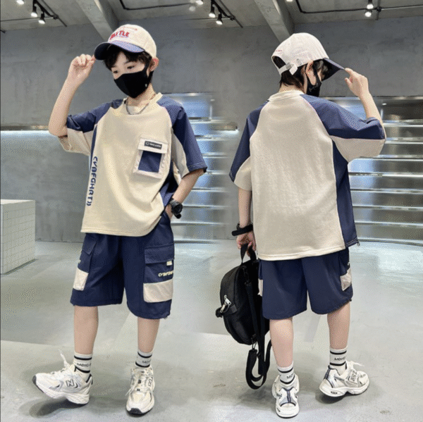 Boys' Summer New Short-sleeved Shorts Set 120-170 Dark Blue