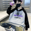 Three-row letter print hooded sweatshirt with gray sleeves and black sleeves