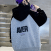 Three-row letter print hooded sweatshirt with gray sleeves and black sleeves